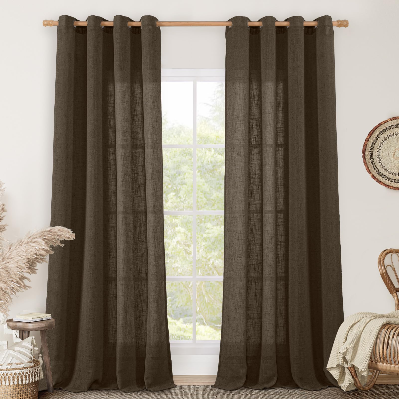 LAMIT 95 inches Long Linen Curtains for Living Room, Dark Brown Bronze Grommet Panels Light Filtering Semi Sheer Window Drapes for Bedroom/Dining Room, 2 Panels Set, 52 x 95 Inch