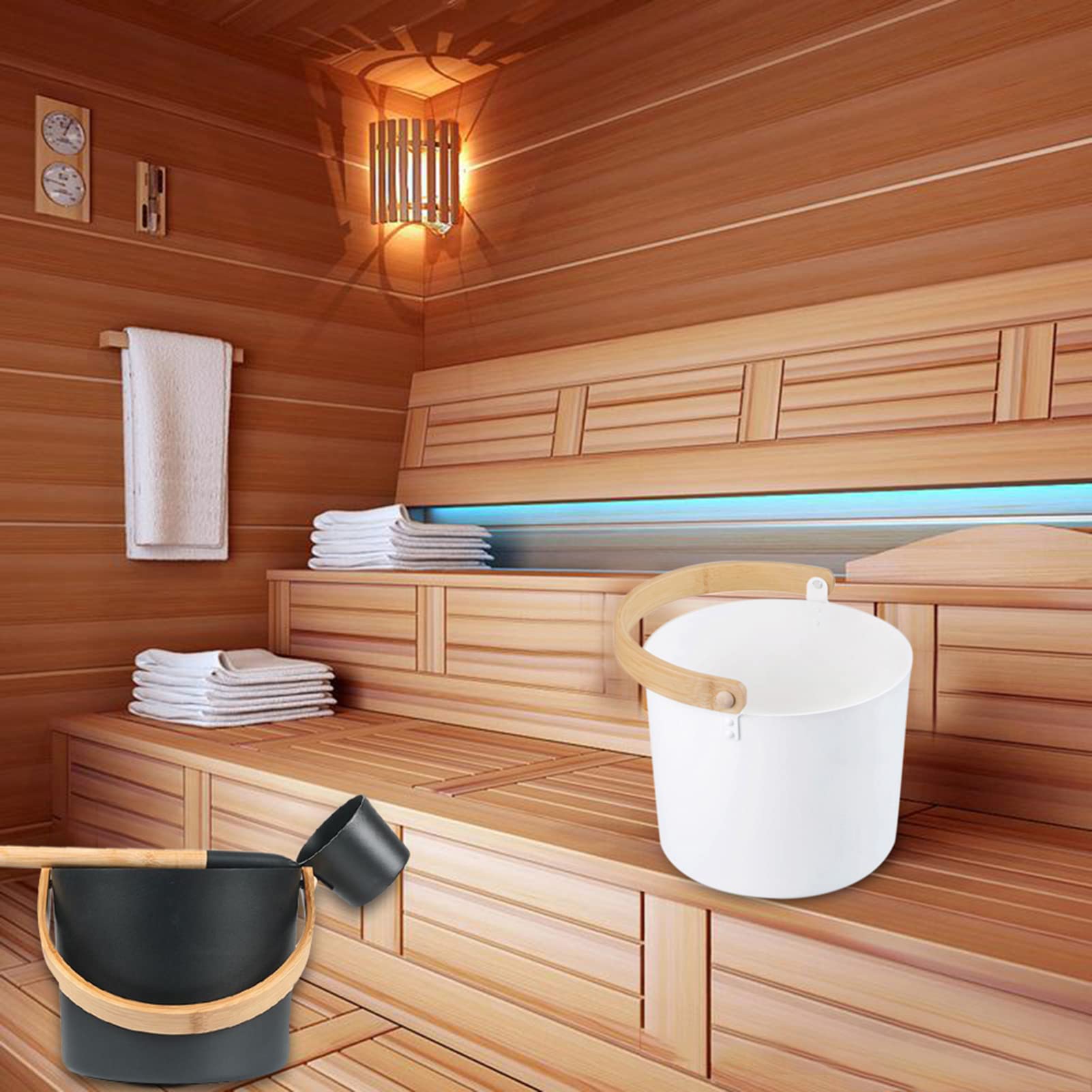 Seau pour Sauna, 7L Seaux Sauna Aluminium Luxe, Accessoires Sauna Kits, Seau en Aluminium Sauna avec Cuillères À Lon Manche Correspondant Au Baril Sauna Louche
