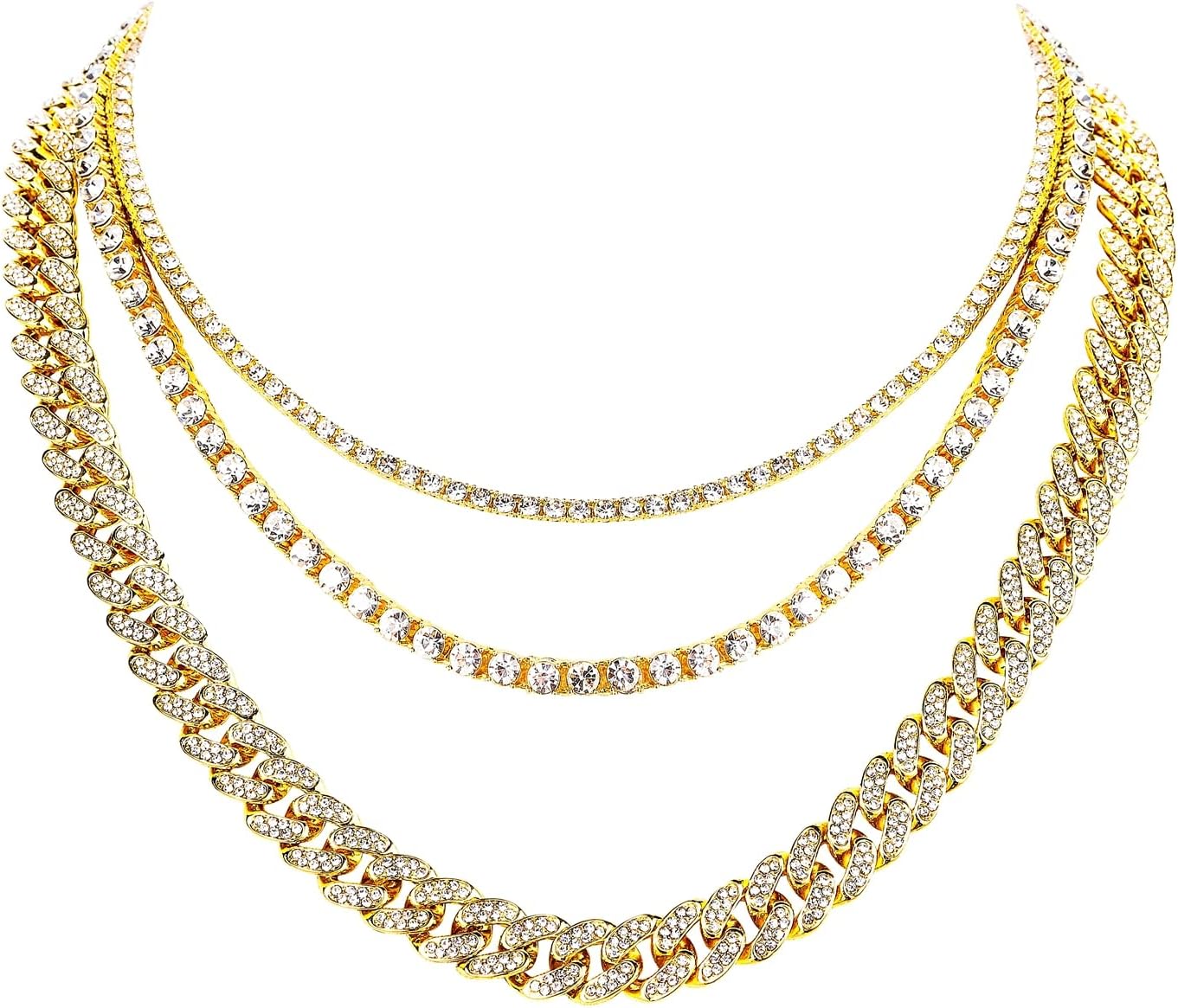 HH BLING EMPIRE Gold Silver Chain Necklace for Men Women Iced Out Diamond Tennis and Cuban Link Chain Necklaces Hip Hop Jewelry Sets 3Pc 18/20/24 Inch