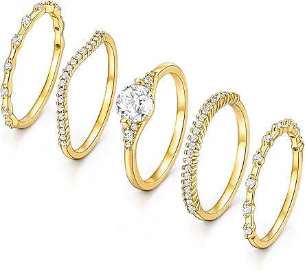 iF YOU Gold Rings for Women Non Tarnish, Dainty 14K Gold Plated Stackable Cubic Zirconia Knuckle Ring Set, Trendy Statement Promise Wedding Bands Stacking Engagement Rings Size 6 7 8 9 10