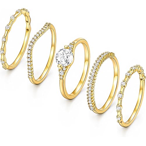 iF YOU Gold Rings for Women Non Tarnish, Dainty 14K Gold Plated Stackable Cubic Zirconia Knuckle Ring Set, Trendy Statement Promise Wedding Bands Stacking Engagement Rings Size 6 7 8 9 10