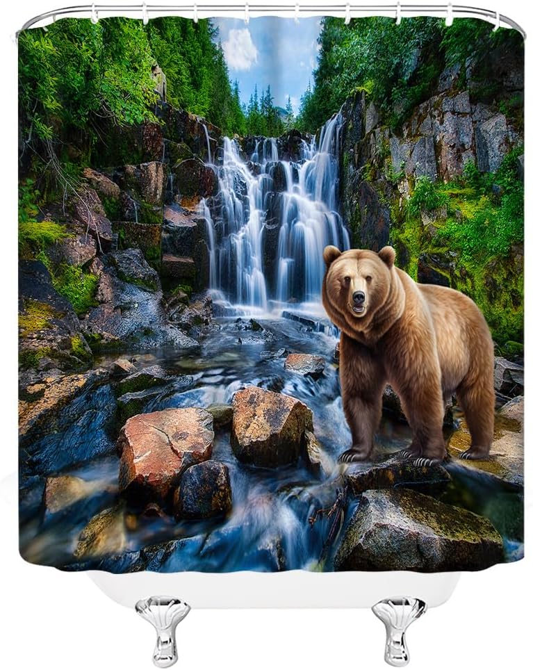 Waterfall Shower Curtain Cabin Bear Mountain Forest National Park Rustic Nature Landscape Fabric Bathroom Decor Curtain with Hooks