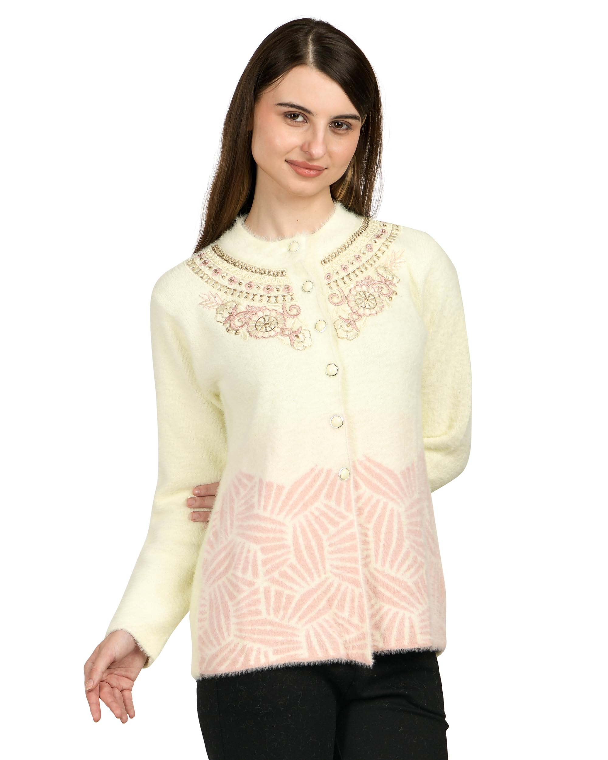 ladywillington Lady Willington Women Woolen Round Neck Self Design Hair Fabric Cardigan Winter Wear Pure Wool Cardigan for Women Long Cotty Fully Warm Cardigan Free Size-picture-37