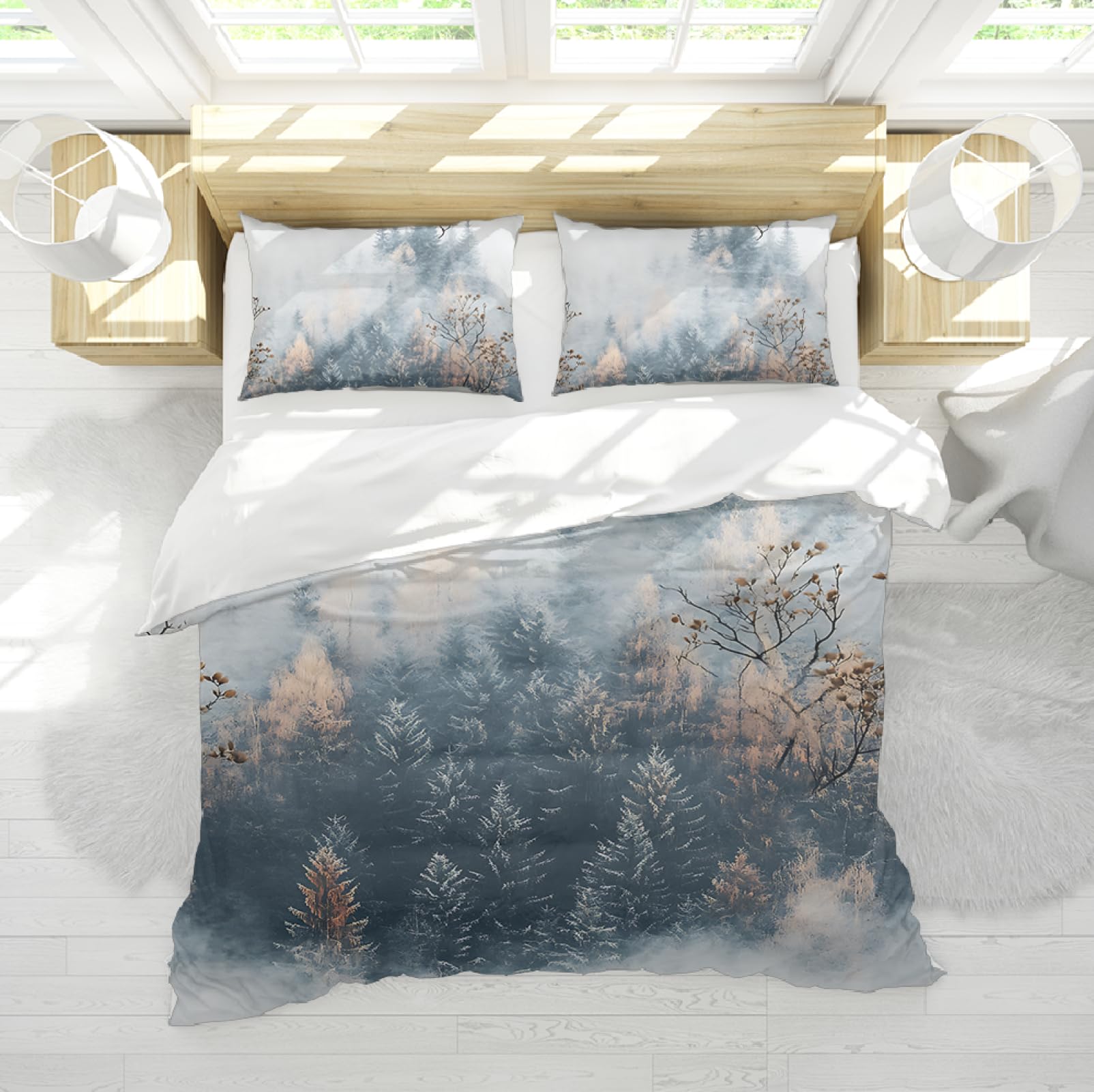 Housse couette 200x200 pin brumeux ensemble literie 3 pièces