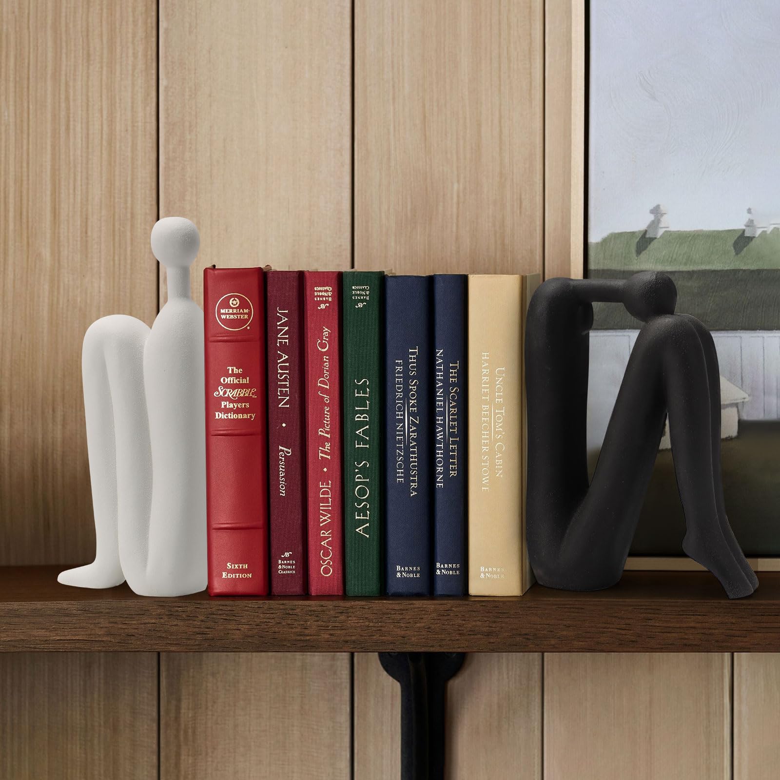 Fermalibri decorativi in ceramica per mensole, pensatore moderno, 1 paio, design ispirato in bianco e nero, supporto per libri, decorazione per casa, ufficio, biblioteca (25 cm e 1,4 kg)