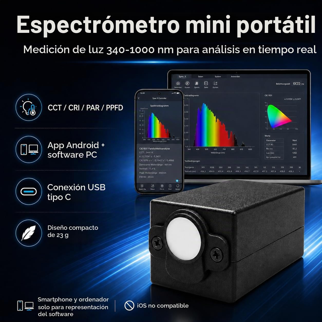 Espectrómetro de Mano para Medición de Luz, 340-1000nm Espectro Portátil-Medidor de Iluminación, Análisis en Tiempo Real de CCT-CRI-PAR-PPFD, Probador de Luz LED para Plantas con APP y Software para P