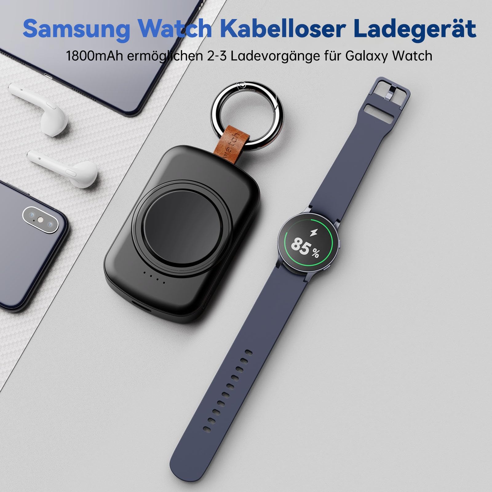 Ladegerät für Samsung Galaxy Watch,1800 mAh tragbares Ladegerät für Samsung Galaxy Watch 8/8 Classic/7/Ultra/6/6 Classic/5/5 Pro/4/3, Active 2/1, kabellos, magnetisch (schwarz)