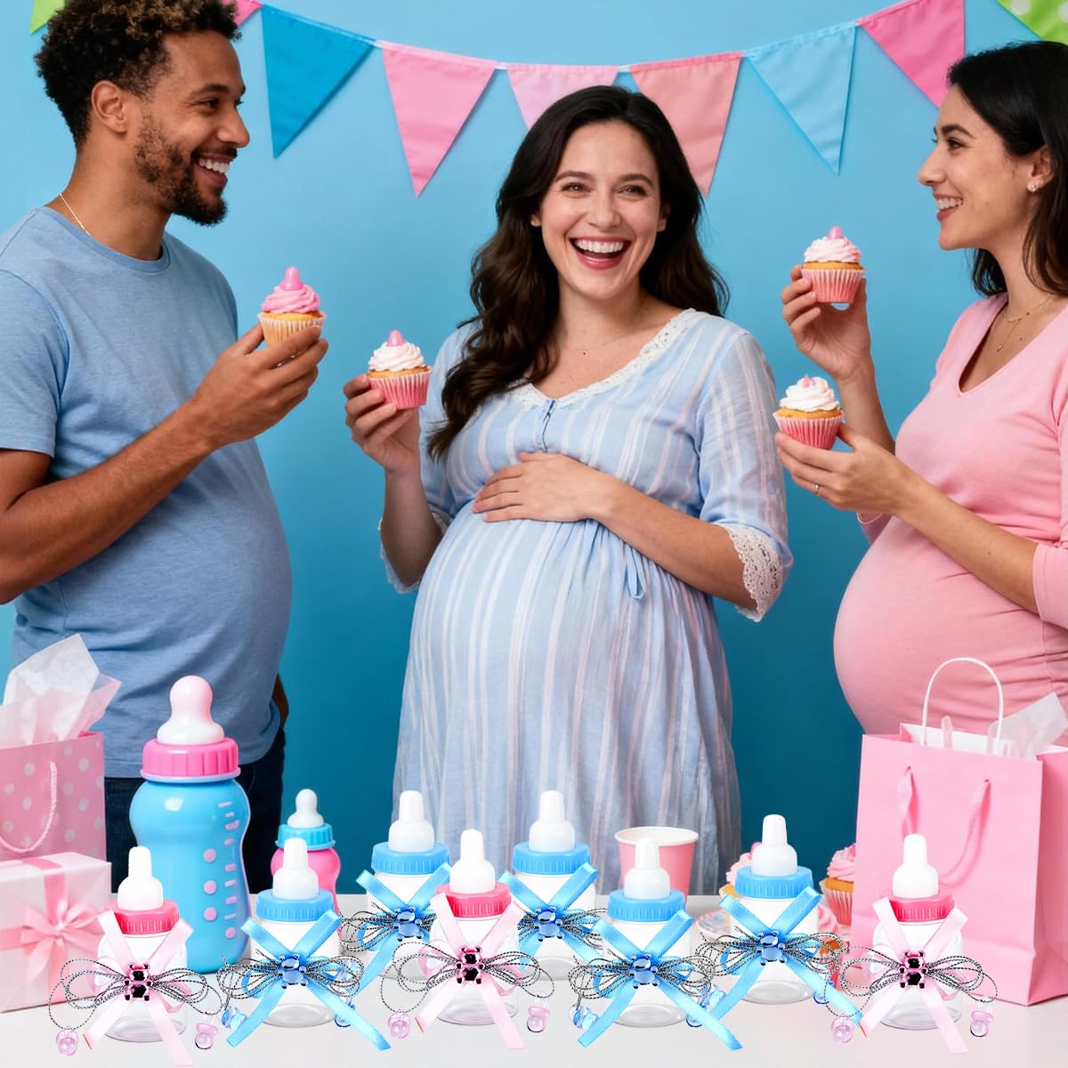 48 Pcs Mini Milk Bottles Favors,White Plastic Bottles with Ribbon Plastic Bear Candy Bottles for Baby Boy Shower Party Games & Decorations (Blue)
