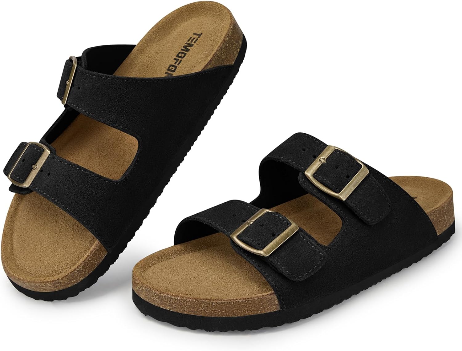 TEMOFON Women's Cork Footbed Sandals: Genuine Leather Comfortable Arch Support Slip-On Summer Slide Sandals with Adjustable Buckle Size 6-11