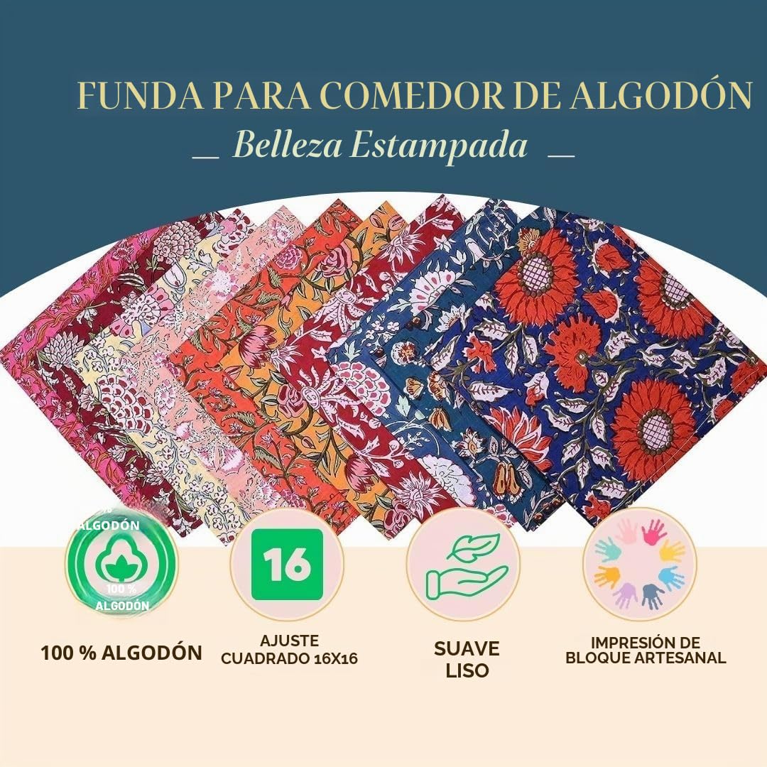 KLAVATE 10 servilletas de 100% algodón Hechas a Mano, 16 x 16 Pulgadas, Estampado Jaipuri, Multicolor