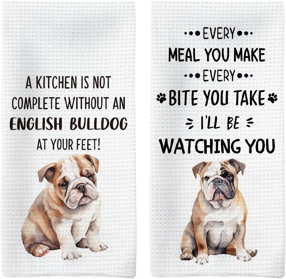 Tzhim English Bulldog Gifts Kitchen Towels Set of 2, English Bulldog Gifts for Women, English Bulldog Hand Towels, English Bulldog Dish Towels Tea Towels, Dog Kitchen Bathroom Decor, 16x24inch