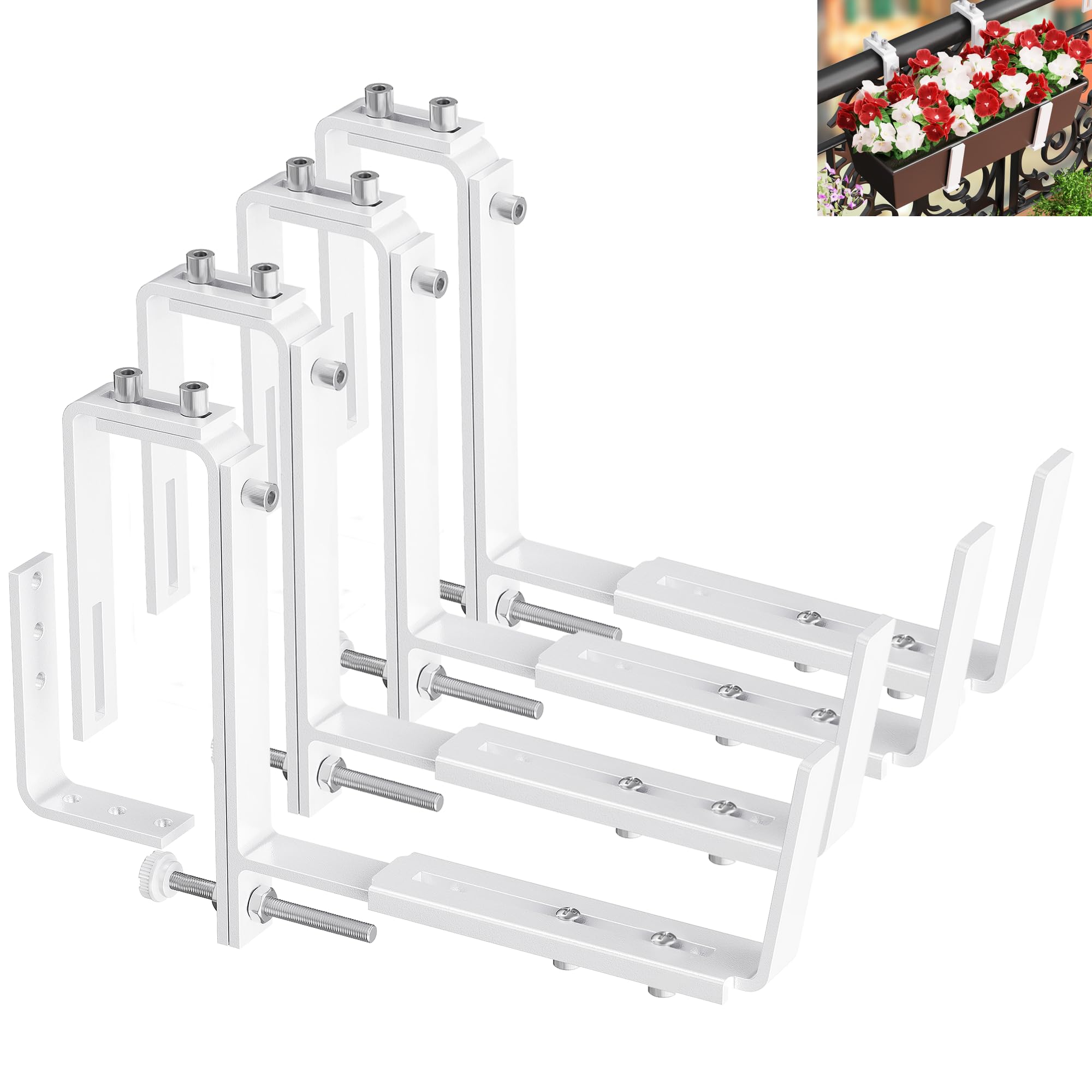 Y&M Adjustable Planter Box Brackets, Brackets for Window Boxes Planters, 4 Pack Universal Outdoor Hanging Brackets, White Steel Mounting Durable, Suitable for Fence Pergola Patio Garden Balcony