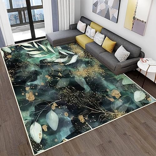 Alfombra abstracta moderna para sala de estar, cocina, dormitorio, patrón floral en oro, azul marino, morado, verde esmeralda, resistente a las