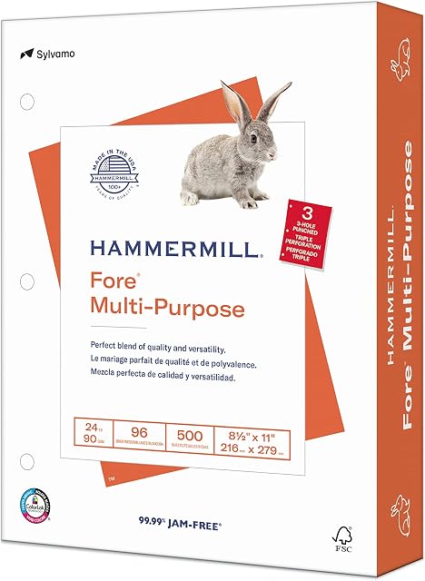 Hammermill Papier à imprimer, pour usage multiple 24 lb Copier du papier, 3 trou - 1 La Râm (500 Feuilles) - 96 Lumineux, fait dans le USA