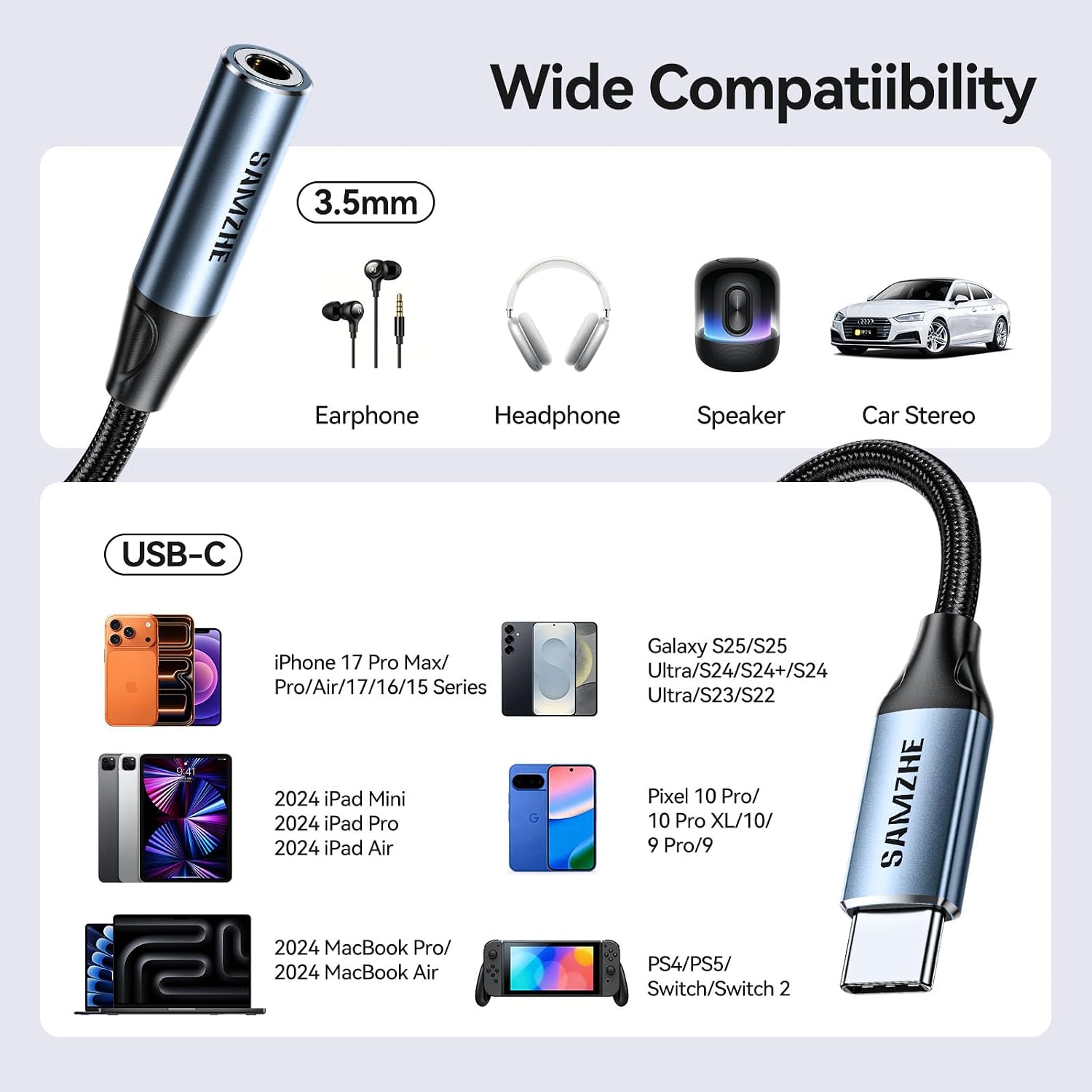 SAMZHE 2 Pack USB C to 3.5mm Audio Adapter Type C to Headphone Aux Jack Dongle 24bit/96kHz HiFi DAC Cable Cord Compatible with iPhone 17 16 Pro Max/16 Plus, iPad, Galaxy S25 S26 Ultra, Pixel 10, Grey