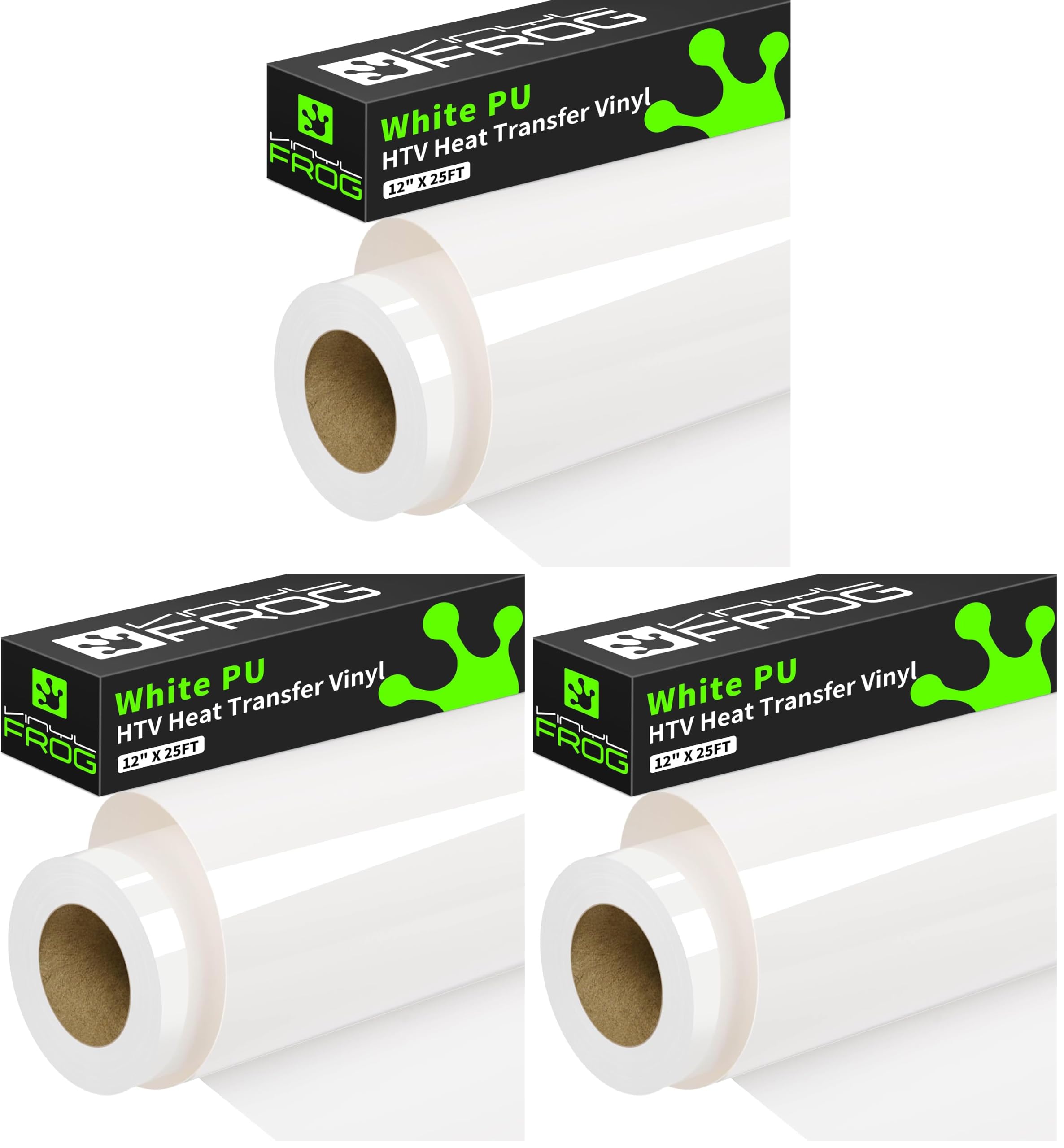 VINYL FROG White Heat Transfer Vinyl Roll 12" x25ft White Iron on Vinyl (Pack of 3)