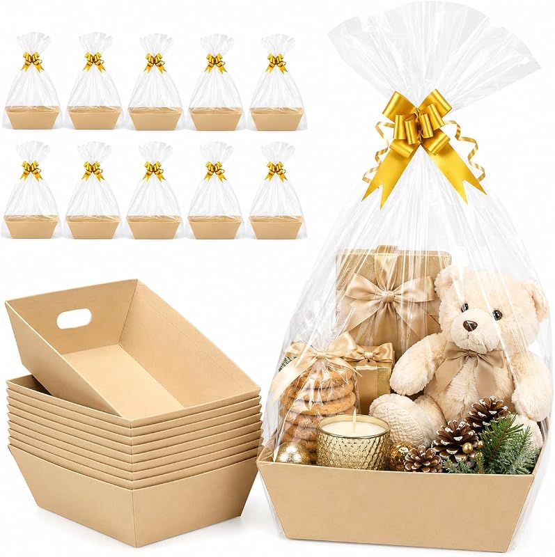 Baskets for Gifts Empty, 10 Pack 12x10 Kraft Trays with Bags and Bows | Empty Gift Baskets with Clear Bags and Bows for Christmas, Birthdays, Easter, Weddings, Raffles, Markets and DIY Gifts
