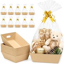 CDIVEFTN Kraft Empty Gift Baskets, 10 Pack 12x10 in with Bags and Bows | Bulk Kit With Sturdy Cardboard Trays, Clear Bags And Bows For Easter, Christmas, Holidays And DIY Gifts