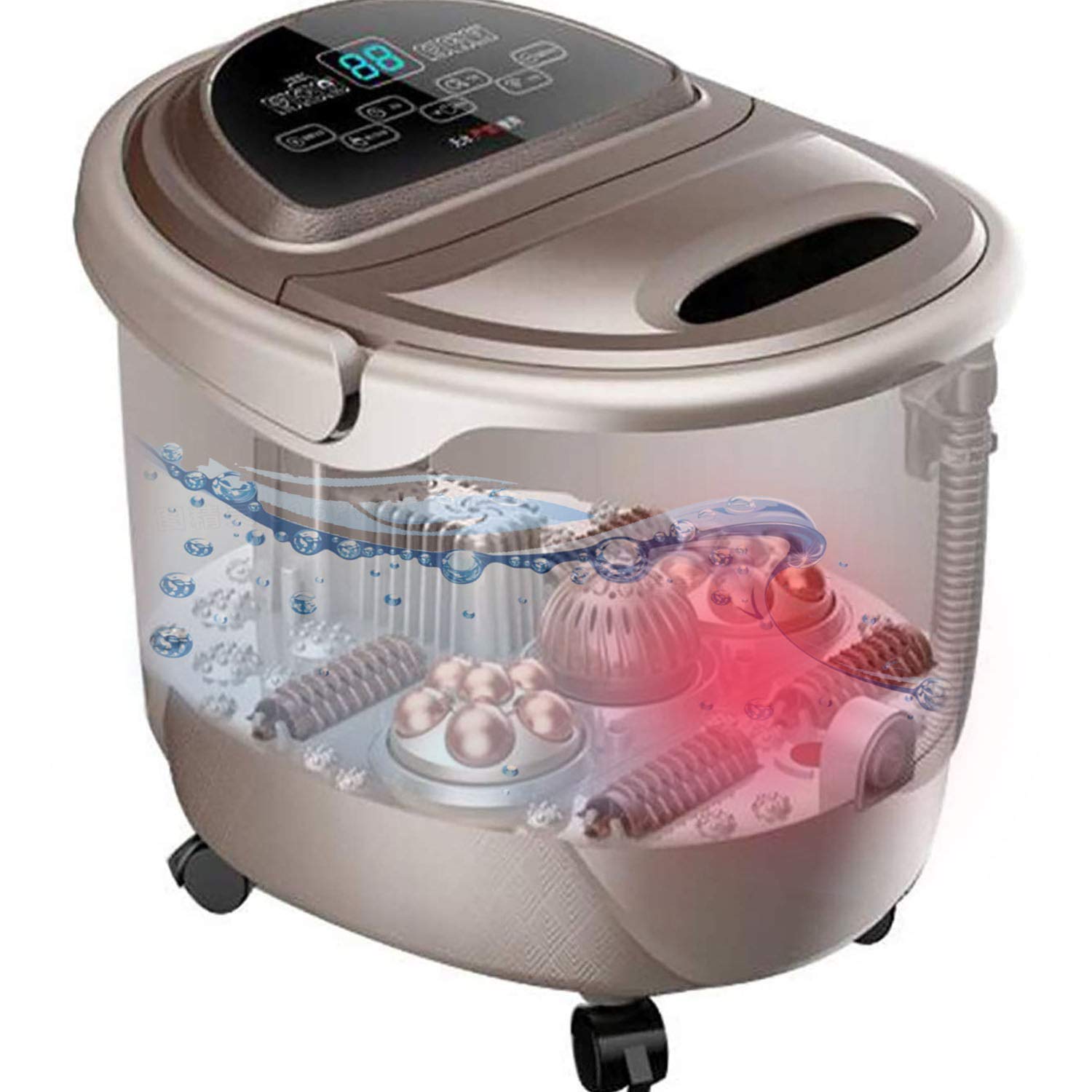 Massaggiatore per pediluvio con luce rossa e calore, pedicure termostatico per pedicure, con 4 rulli di mais per massaggio motorizzati, 2 rulli per tai chi, bolle e display a LED, alleviare lo stres