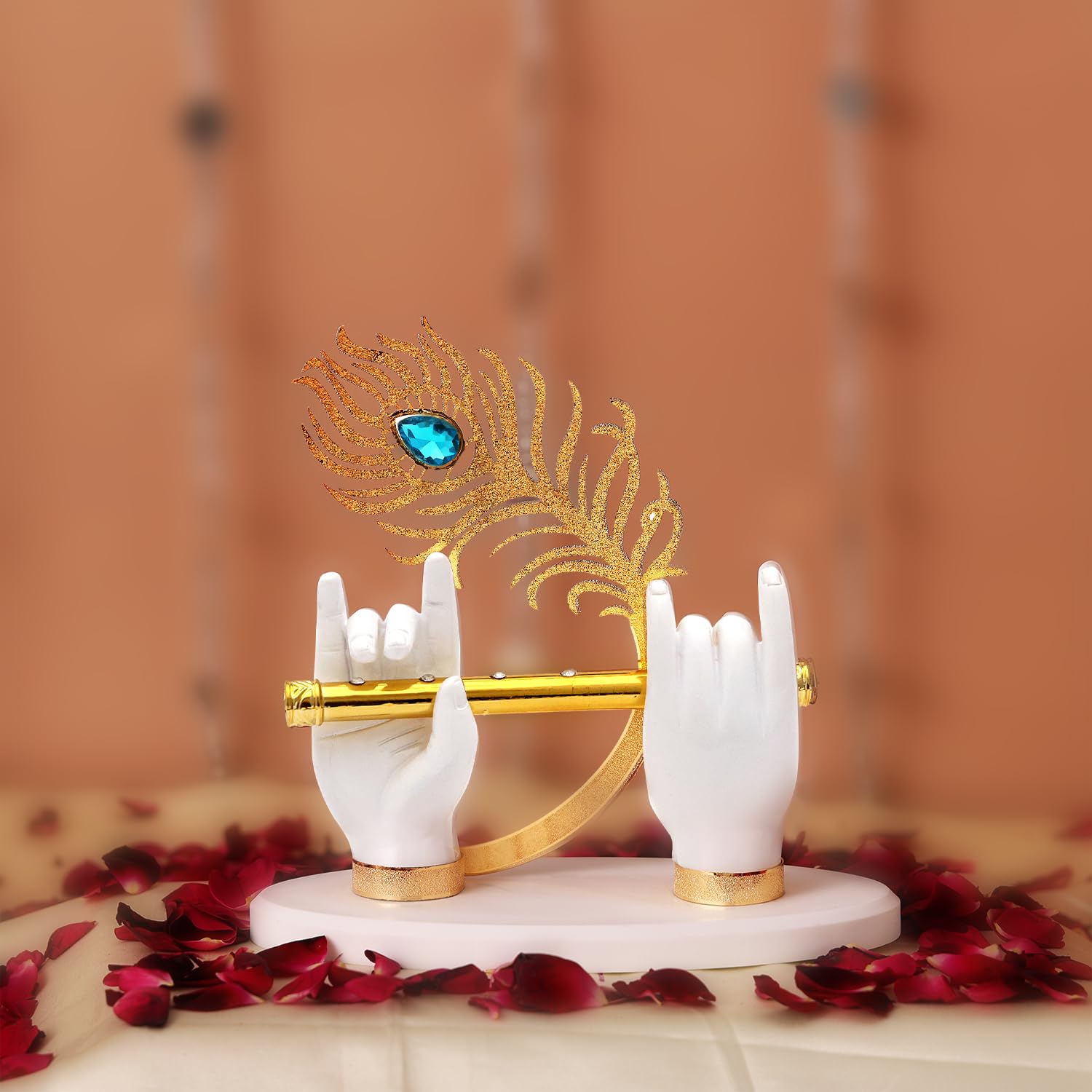 Gold Plated Krishna Hand with Flute Idol for Car and Home from Veda Connection | Lord Krishna Decor | Elegant Spiritual Gift for Pooja & Festivals | Premium Finish & Durable Design (White, 3.5 inches)