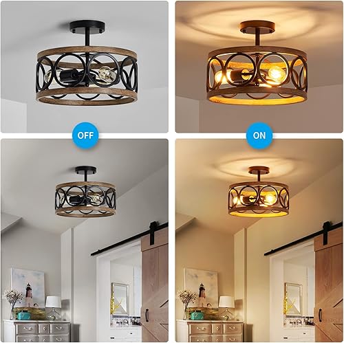 Miniatura 4 de XINGQI Lámpara de techo de granja de 3 luces de 13 pulgadas de tambor moderno semiempotrado, lámpara de techo rústica redonda de metal con acabado