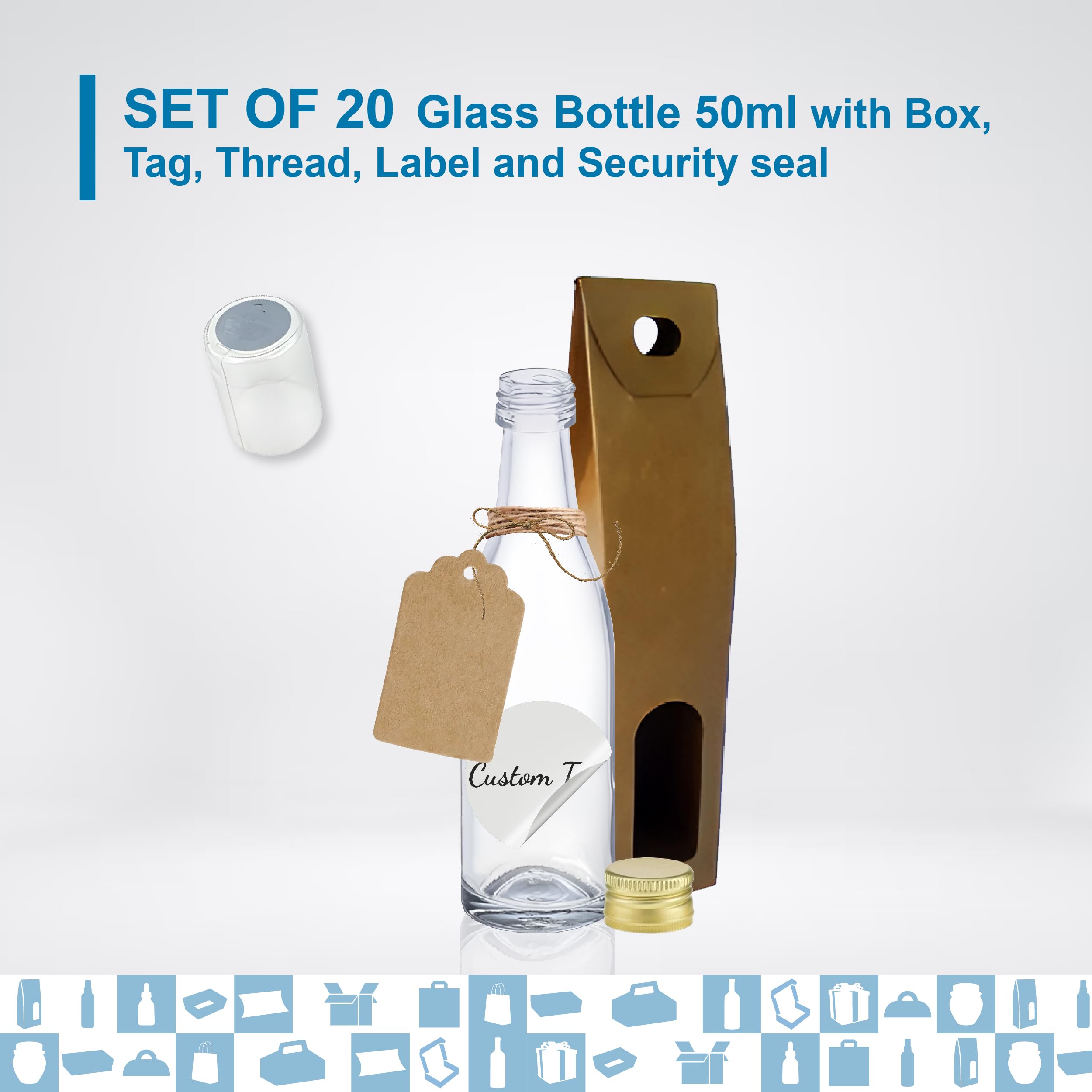 20 mini botellas de cristal de 50 ml con tapón de rosca dorado, caja, etiqueta kraft, hilo y etiqueta personalizable- Minibotellas de alcohol de 5 cl, pequeñas muestras - regalos, bodas