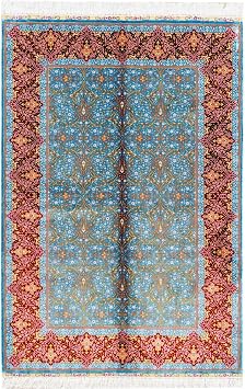 Yuchen Silk Carpet 4x6 Blue Hand Knotted Traditional Vintage Silk Area Rug for Living Room