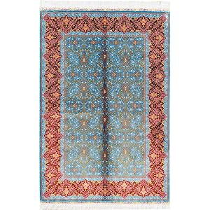 Yuchen Silk Carpet 4x6 Blue Hand Knotted Traditional Vintage Silk Area Rug for Living Room