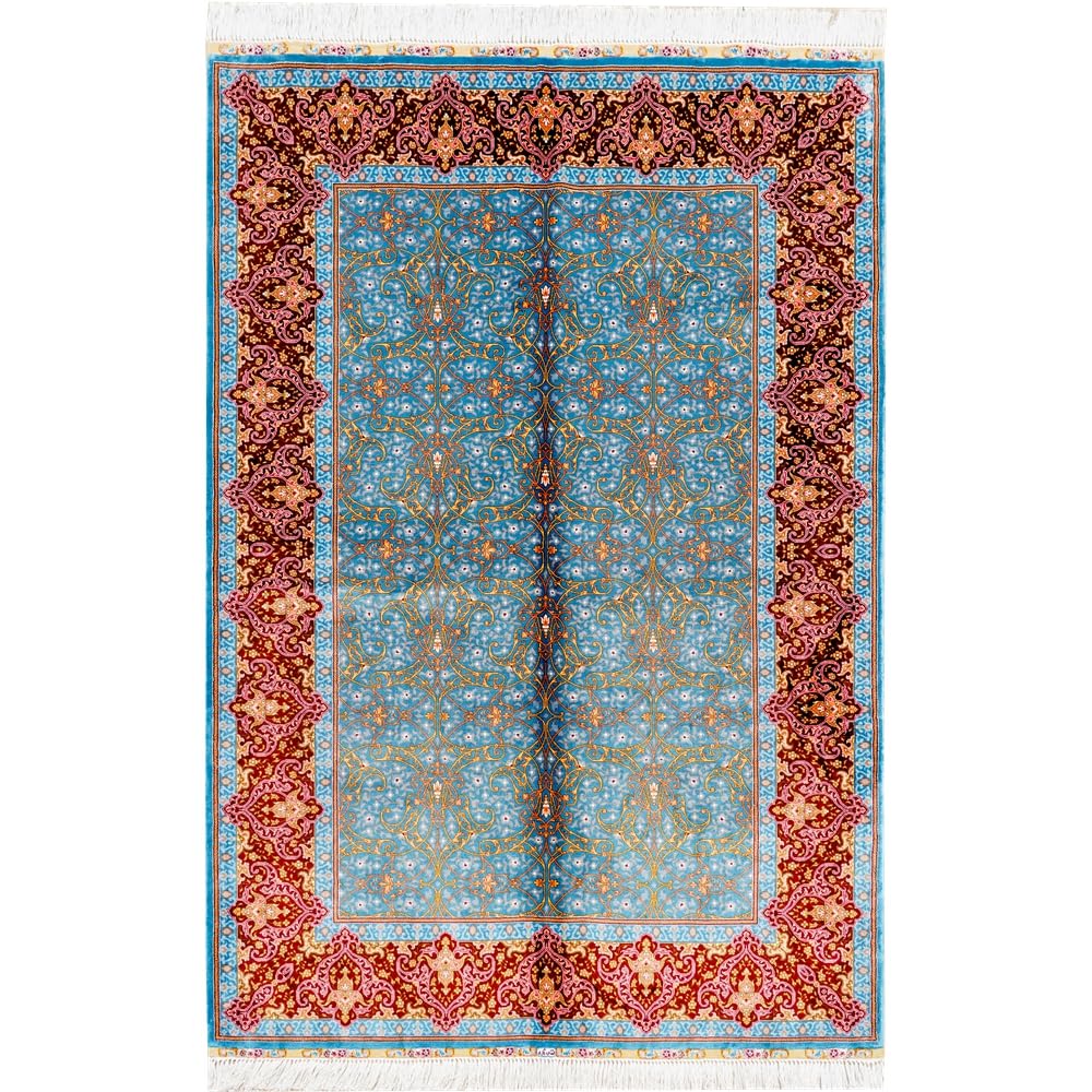 Yuchen Silk Carpet 4x6 Blue Hand Knotted Traditional Vintage Silk Area Rug for Living Room