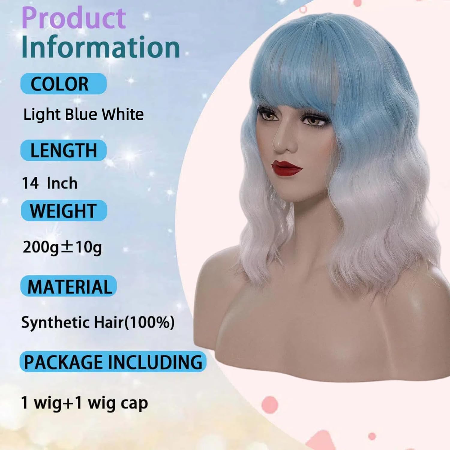 Cying Lin Short Bob Wavy Curly Wig Light Blue Ombre White Air Bangs Wig For Women Cosplay Halloween Wigs Heat Resistant Bob Party Wig (Light Blue Ombre White)