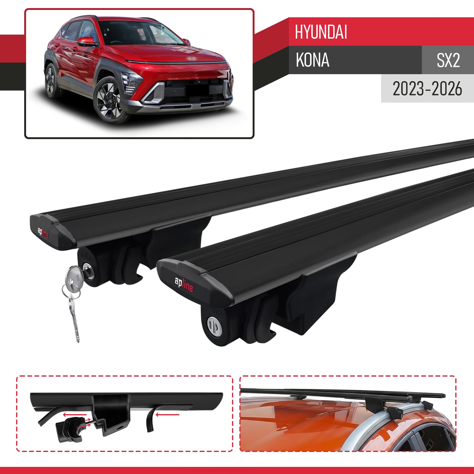 Compatible avec Hyundai Kona (SX2) 2023-2026 Hook Modèle Barres de Toit Railing Porte-Bagages de Voiture Aluminium Noir 2 Barres