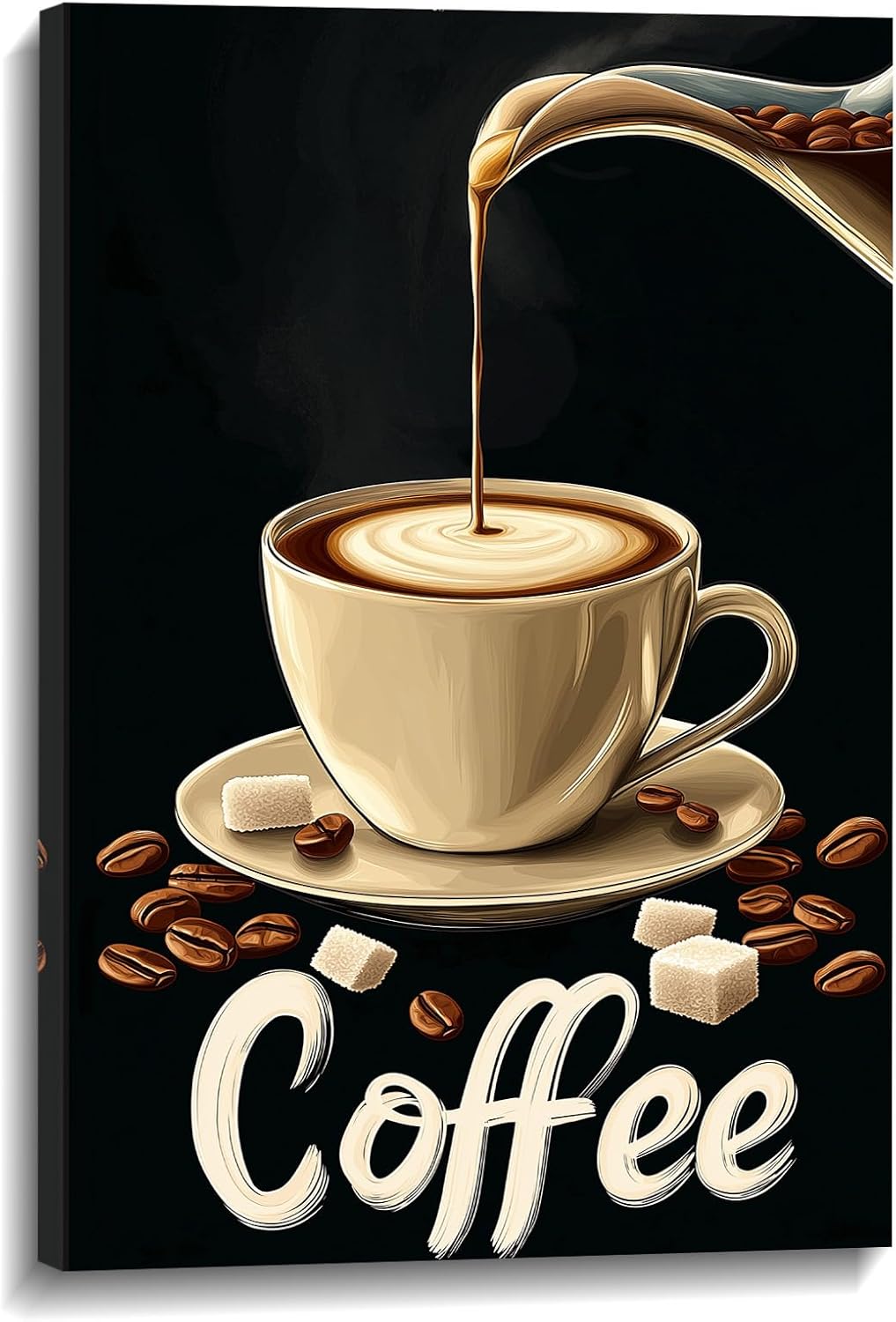Coffee Canvas Wall Art Kitchen Wall Decor Black Poster Espresso with Coffee Bean Picture Vintage Prints Latte Art for Bar Dining Room Wall Decor Framed(Art-1,12.00x18.00 inch)