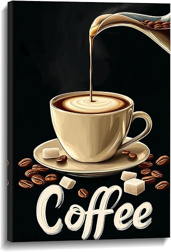 Coffee Canvas Wall Art Kitchen Wall Decor Black Poster Espresso with Coffee Bean Picture Vintage Prints Latte Art for Bar Dining Room Wall Decor