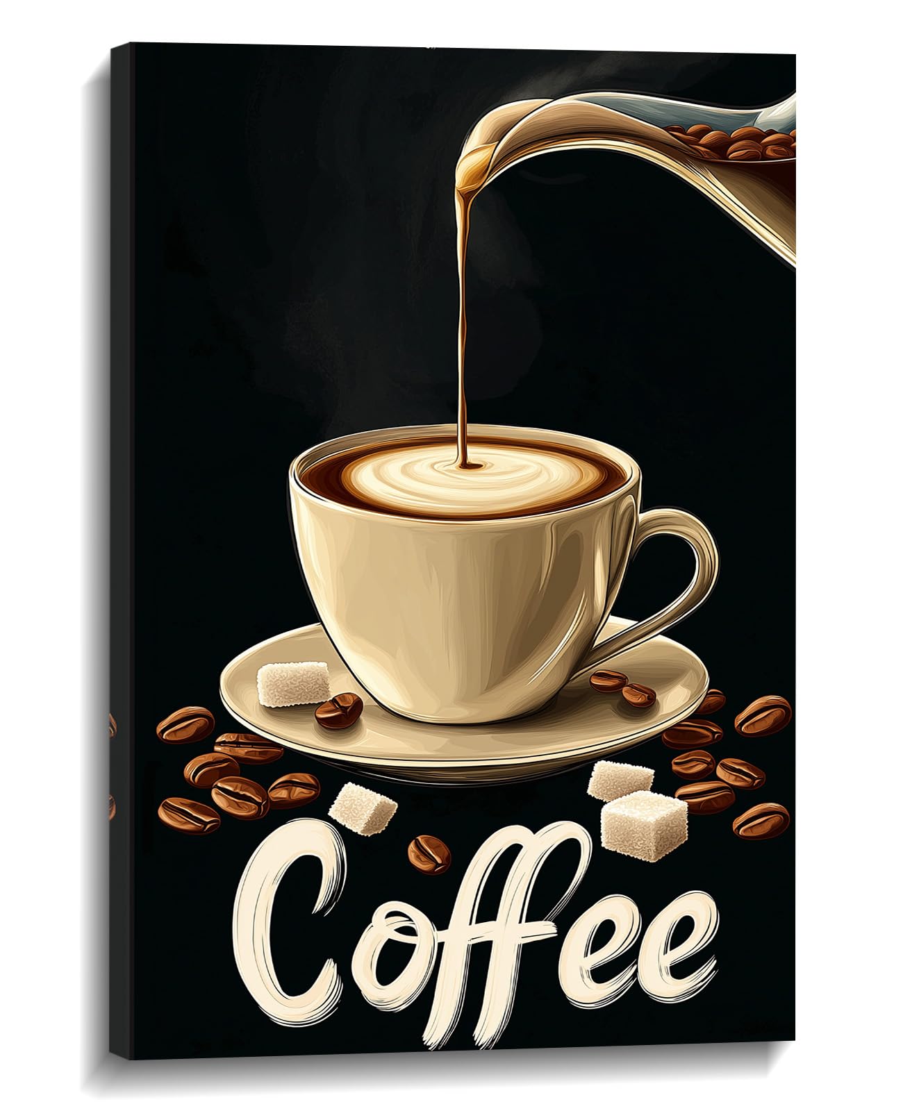 Coffee Canvas Wall Art Kitchen Wall Decor Black Poster Espresso with Coffee Bean Picture Vintage Prints Latte Art for Bar Dining Room Wall Decor Framed(Art-1,12.00x18.00 inch)