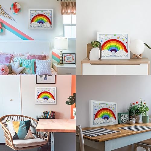 Miniatura 7 de Funto Kit de arte de pintura de pompones de arco iris, más de 1100 pompones, lienzo y marco resistente para decoración del hogar, manualidades