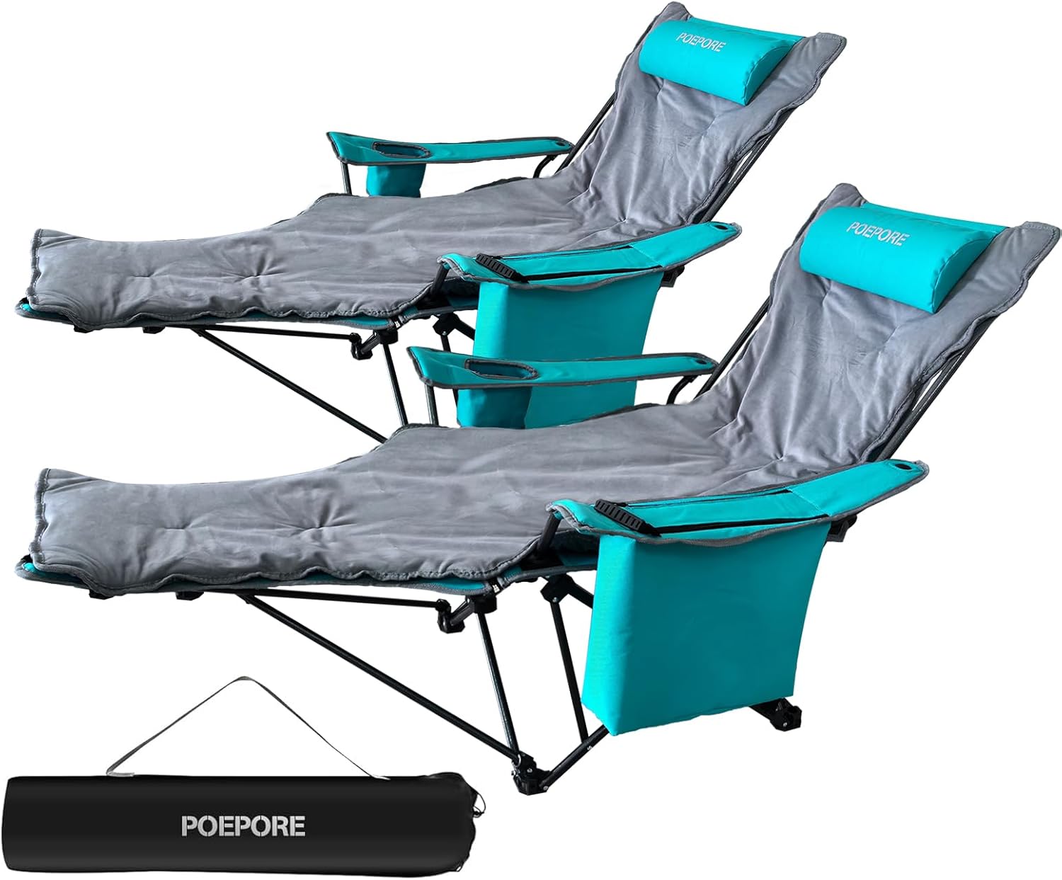 2-Pack Reclining Camping Chair 4 Position with Foot Rest Comfortable for Adults 265Ibs Folding Lounger Mesh Beach Chair with Cooler Bag,Cotton Cushion and Cup Holder for Outdoor Patio Cyan With Pad- 2 Pack cooler bag-cotton pad