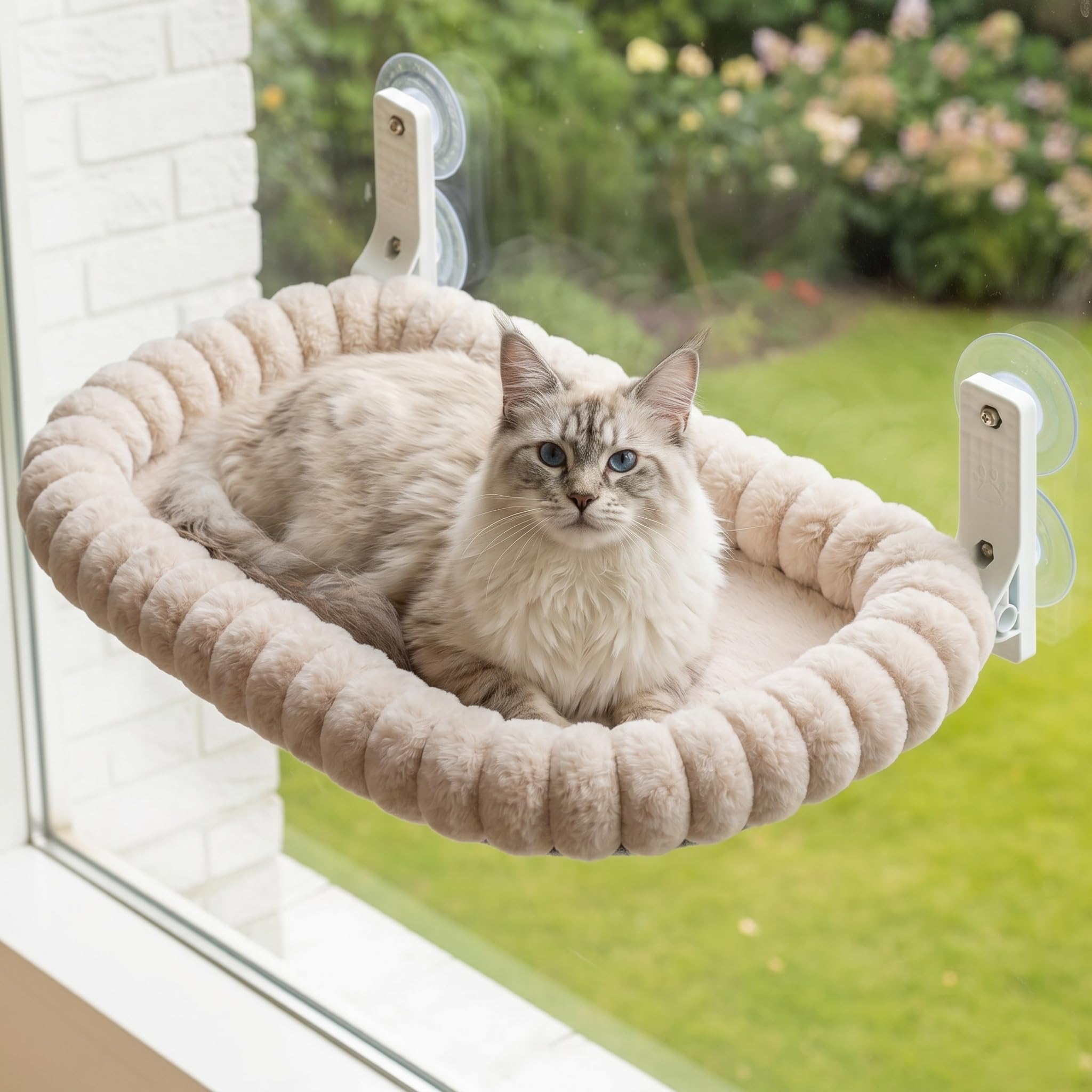 Hamac de fenêtre pour chat, lit de fenêtre en peluche pour chat avec 4 ventouses puissantes, perchoir pliable pour chats d'intérieur, cadre en acier robuste supporte 18kg, lavable, M(52x30cm