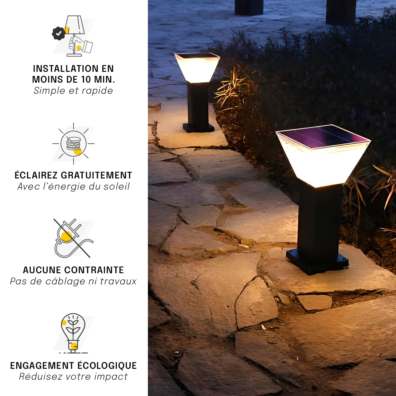 Lampe Solaire Extérieur Jardin – Borne Solaire LED 300 Lumens IP65 – 3000K/6000K – Autonomie 20h, Recharge 5h – Pour Cour, Terrasse, Allée – Aluminium Résistant (Carré, 40 CM)