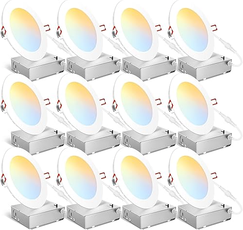 Consciot Iluminación LED empotrable ultrafina de 6 pulgadas, paquete de 12 unidades, caja de conexiones delgada, 2700k-5000k, CRI90, 5CCT regulable,