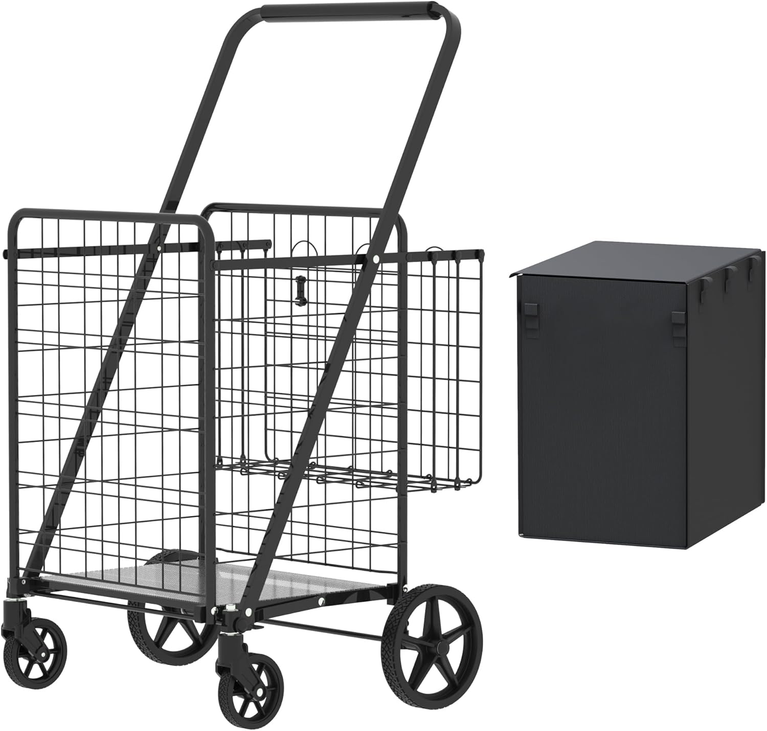 Large Shopping Cart with Double Basket and 360° Rolling Swivel Wheels