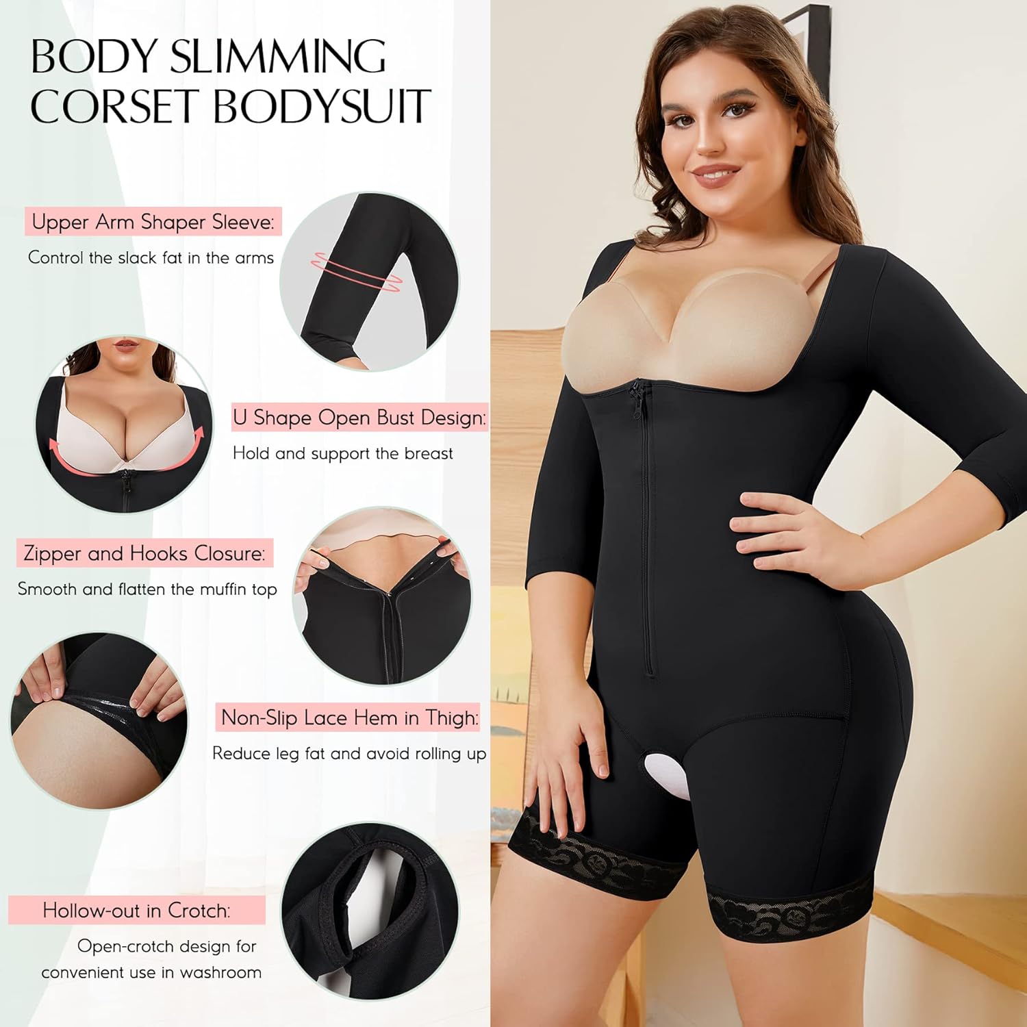 MERYOSZ Full Body Waist Trainer for Women Zipper Tummy Control Bodysuit Upper Arm Shaper Open Bust Slimmer Corset Shapewear - Image 2