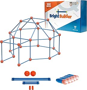 100 Pieces Fort Building Kit Plus 5 Light Set for Kids 4-8 - STEM Building DIY Educational Toy - Blue and Red - Intellio Toys Bright Builder