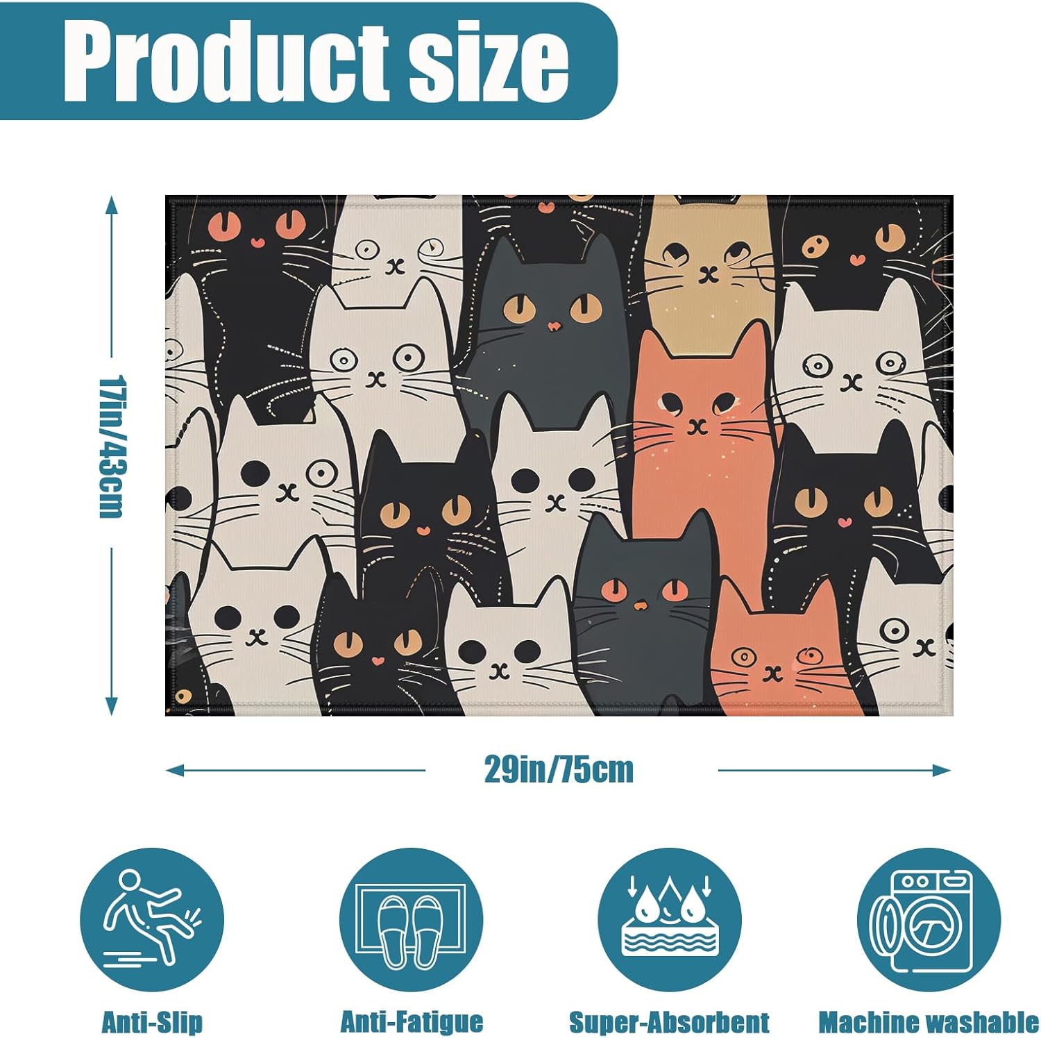 Funny Cat Indoor Door Mat, Outdoor Entrance Doormat for Entryway Kitchen Bathroom 17 X 29 Inch
