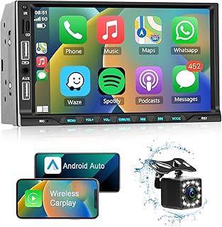 Podofo Double Din Car Stereo with Wireless Apple Carplay Android Auto, 7 inch Touchscreen Car Radio Bluetooth 5.1 Multimedia Player with Backup Camera, Support Mirror Link/TF Card/Two USB/AUX