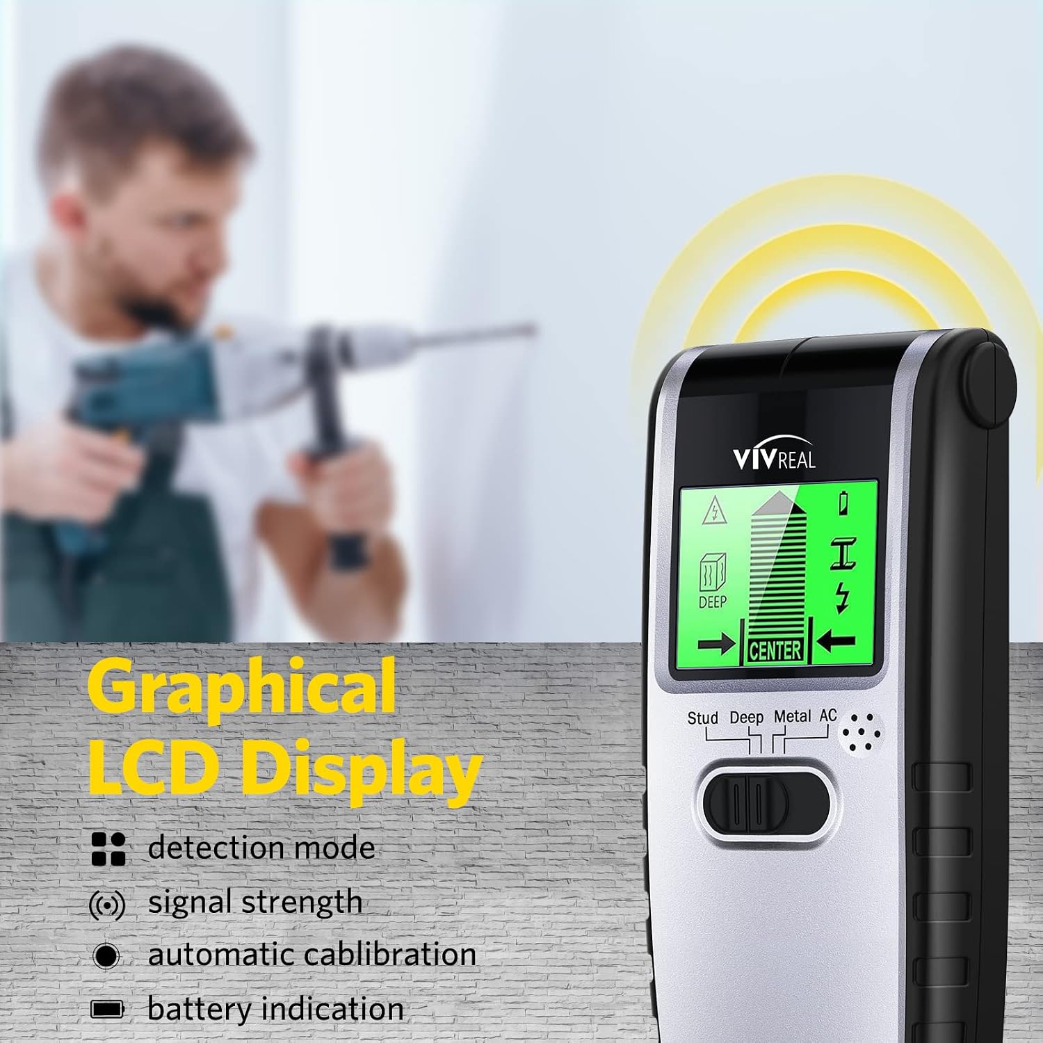 Stud Finder Wall Scanner - VIVREAL 4 in 1 Stud Finder with LCD Display, Beam Finder Center Finding & Sound Warning, Wall Scanner for the Center and Edge of Wood AC Wire Metal Studs (Black Silver)