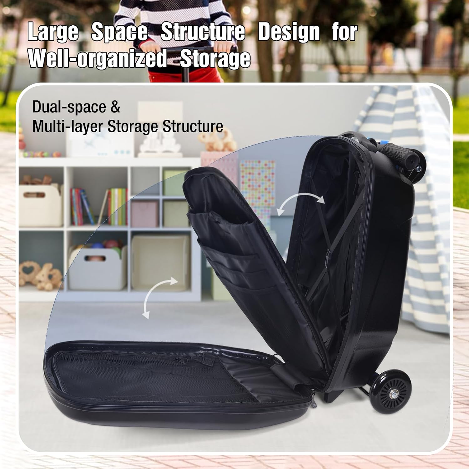Apelila 20" Scooter Suitcase for Kids, 2-in-1 Ride On Luggage with Wheels for Boys & Girls Ages 4-15, Foldable Hardshell Carry On Lightweight Travel Suitcase for Airplane (Gentle Black)