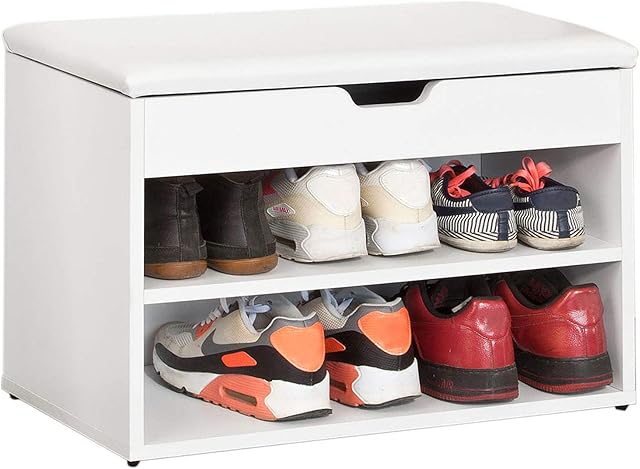 SoBuy 2 Tiers Shoe Rack Shoe Cabinet Shoe Storage Bench with Folding Padded Seat, FSR25-W