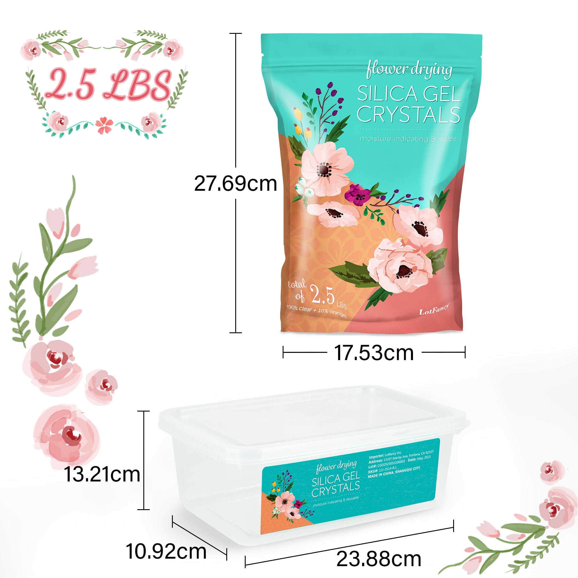 LotFancy Gel di Silice per Essiccazione dei Fiori 2,5 LBS (1,13kg), Cristallo di Silicio per Essiccare Fiori Riutilizzabile con Indicatore, Cristalli Fini < 1 mm