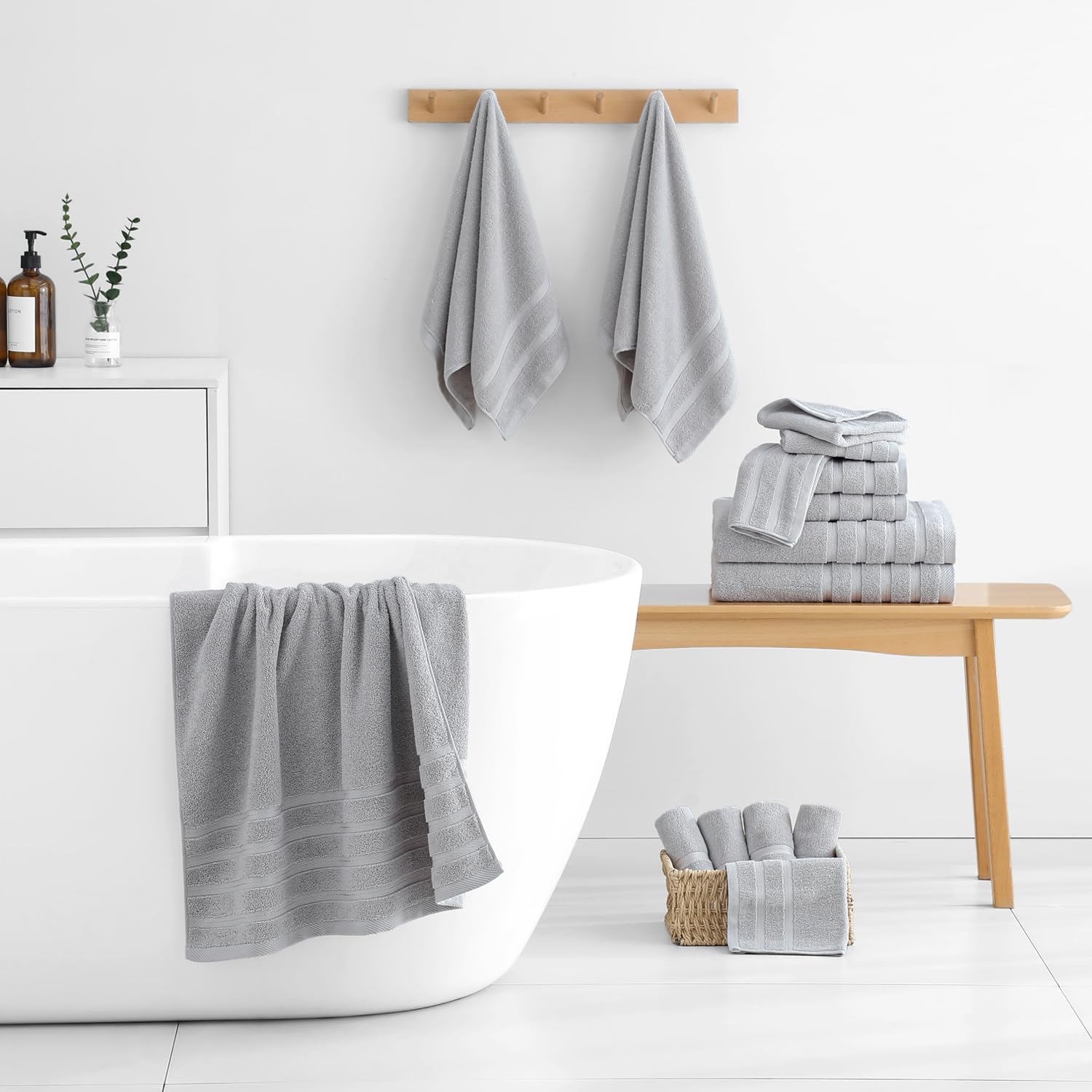 16-Piece Bath Towels Set, 100% Cotton Thick Soft Highly Absorbent Durable, Quick Dry, Bathroom Towels Set (4 Bath Towels, 4 Hand Towels, 8 Washcloths) - Perfect for Daily Use