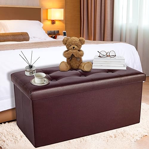 AmasSmile® 30 Inches Storage Ottoman,80L Storage Bench for Bedroom and Hallway, Folding Ottoman with Foam Padded Seat, Storage Chest, Coffee Table/Puppy Step, Support 400lb, Faux Leather (Brown)
